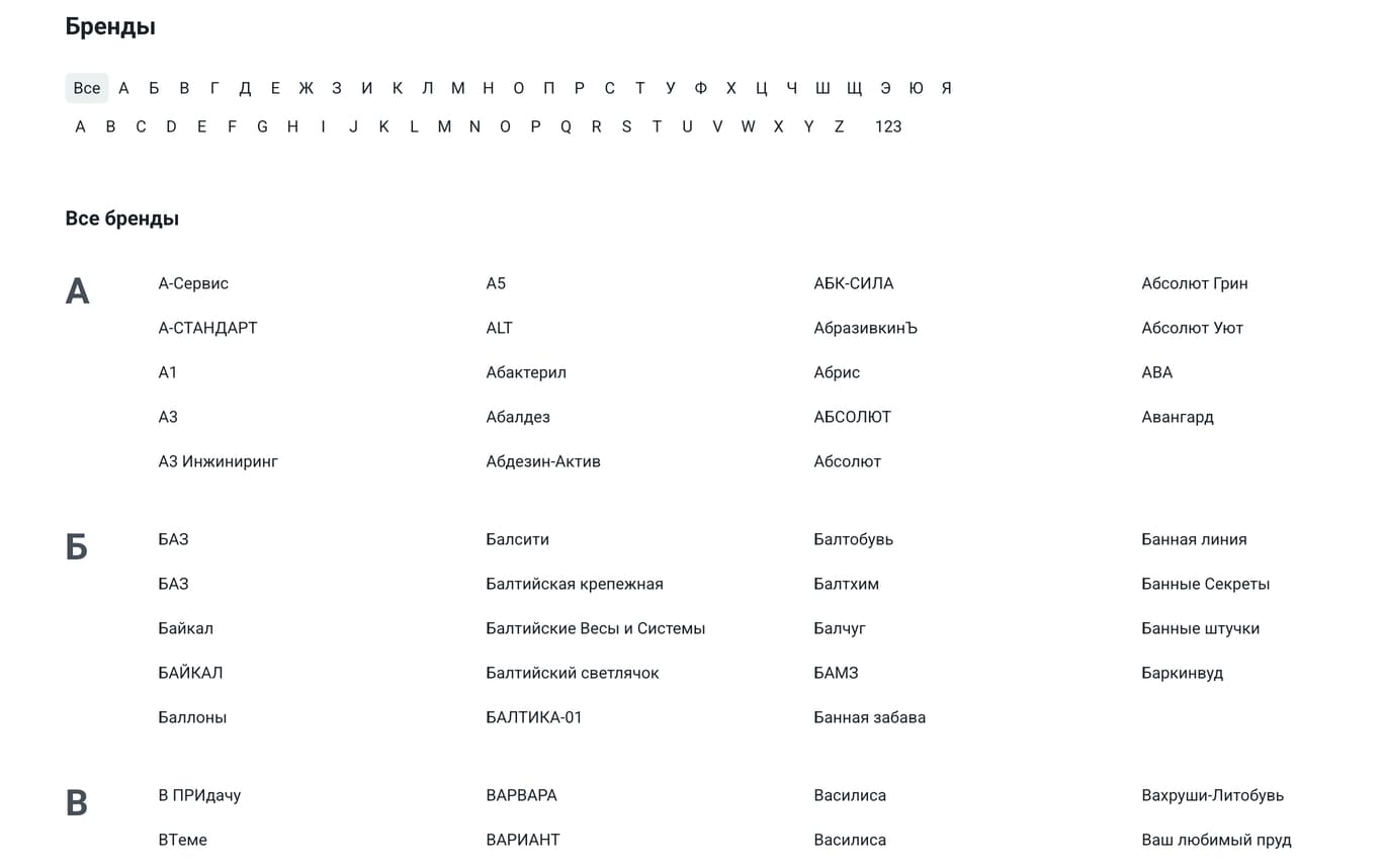 Алфавитный каталог брендов